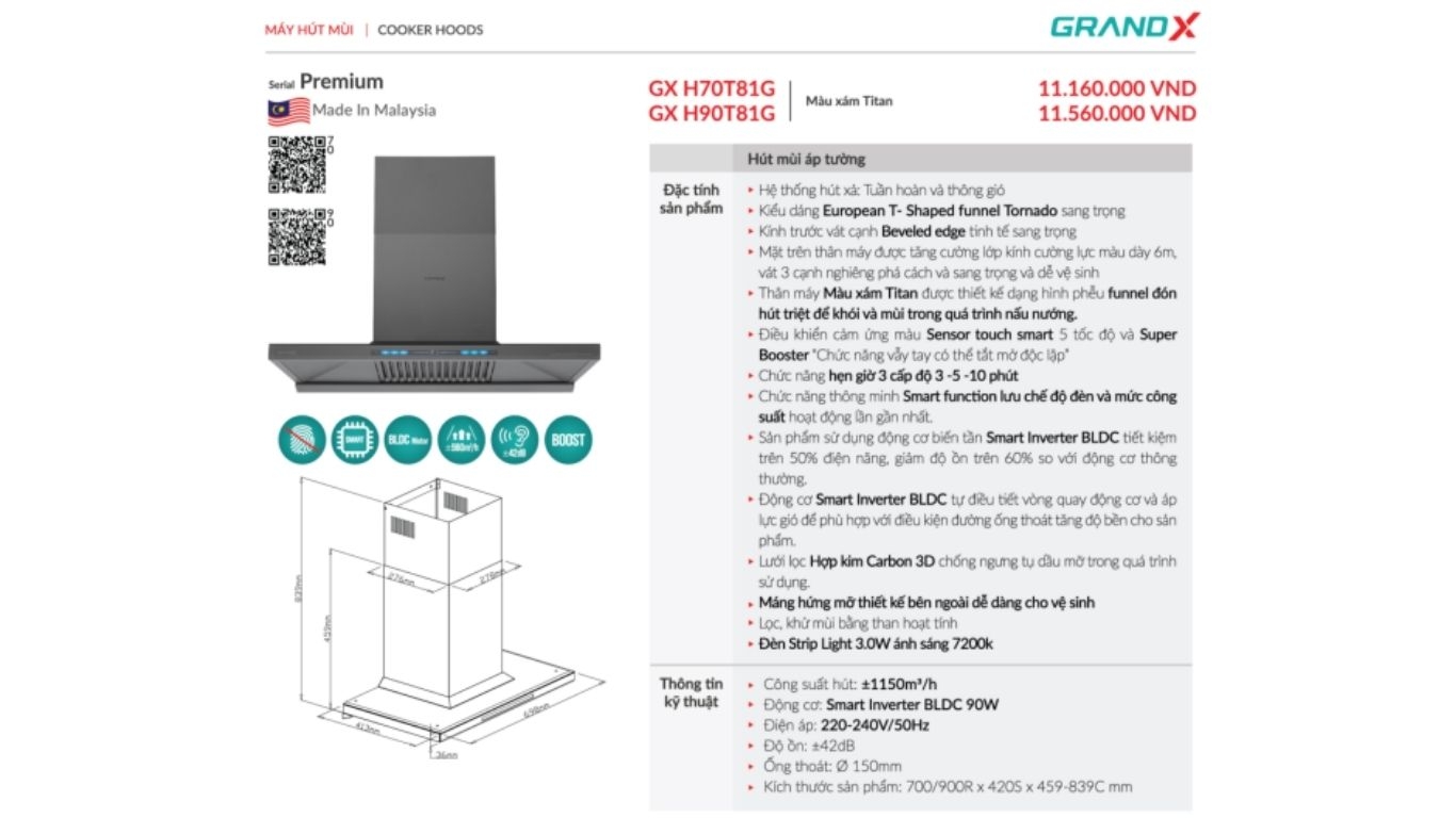 Máy hút mùi áp tường GrandX GX H70T81G