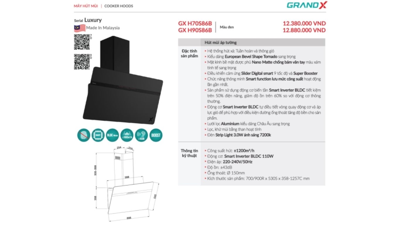 Máy hút mùi áp tường GrandX GX H70S86B