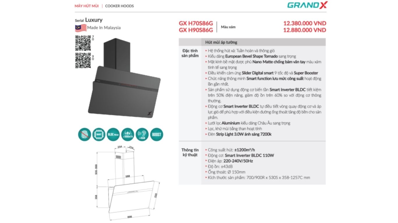 Máy hút mùi áp tường GrandX GX H90S86G