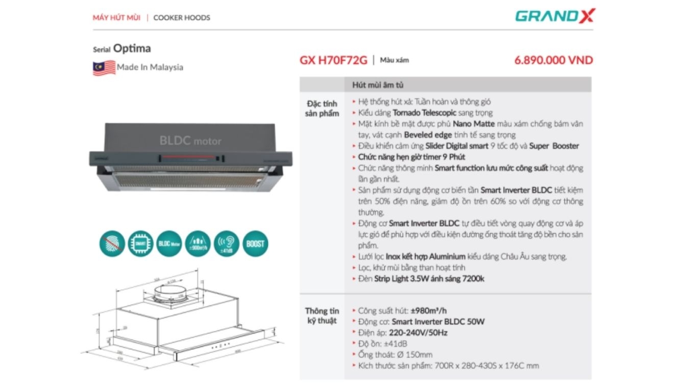Máy hút mùi âm tủ GrandX GX H70F72G