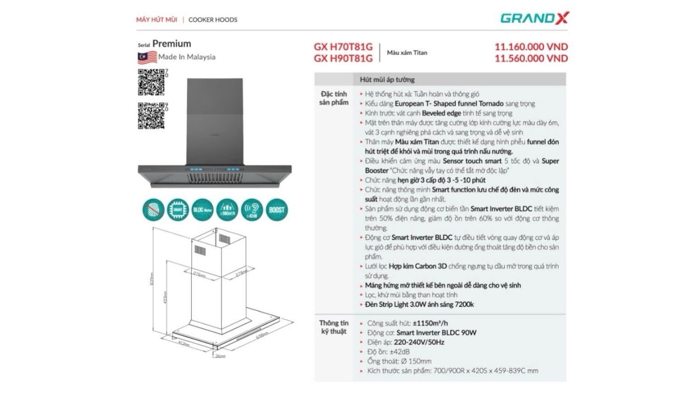 Máy hút mùi áp tường GrandX GX H90T81G