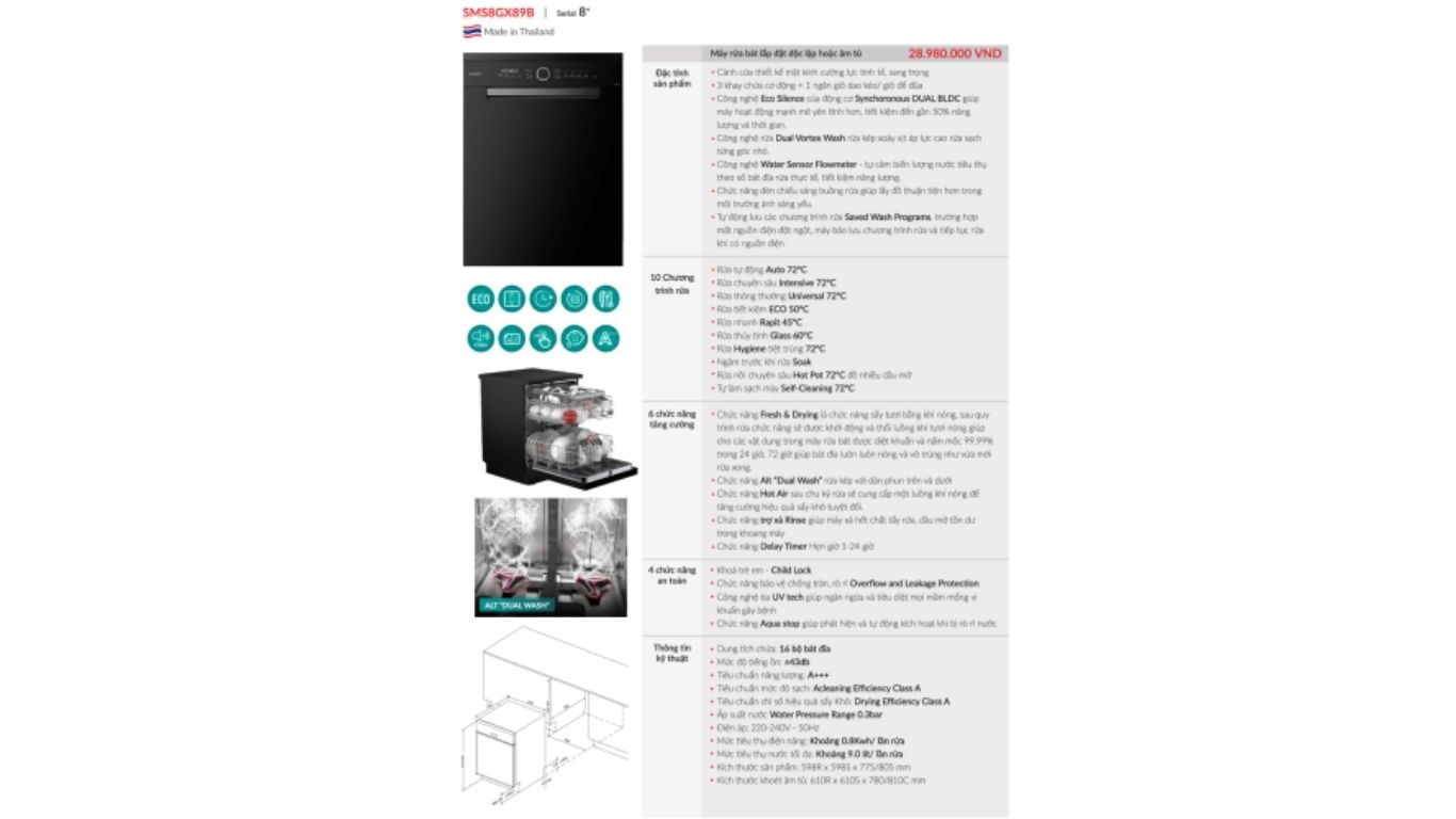 Máy rửa bát GRANDX SMS8GX89B Series 8
