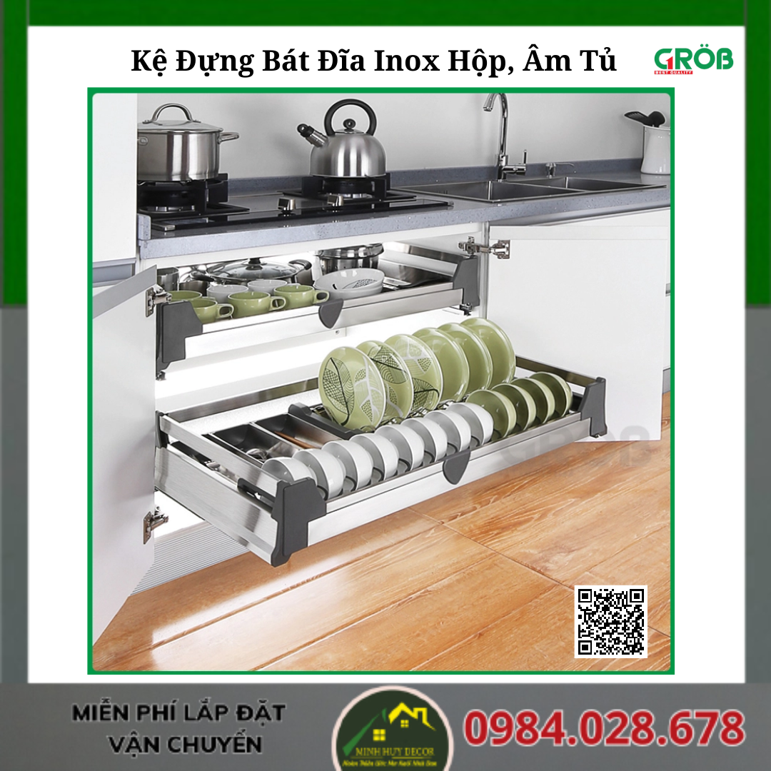 Kệ Đựng Bát Đĩa Inox Hộp, Âm Tủ