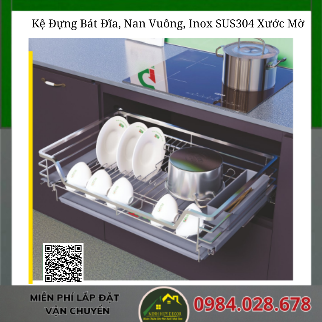 Kệ Đựng Bát Đĩa, Nan Vuông, Inox SUS304 Xước Mờ