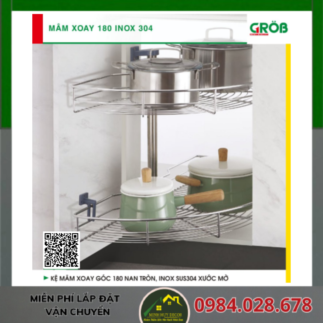 Kệ Mâm Xoay Góc 180 Nan Tròn, Inox SUS304 Xước Mờ