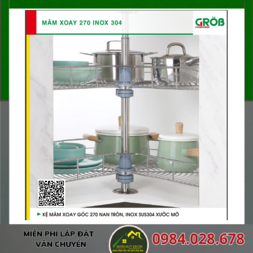 Kệ Mâm Xoay Góc 270 Nan Tròn, Inox SUS304 Xước Mờ