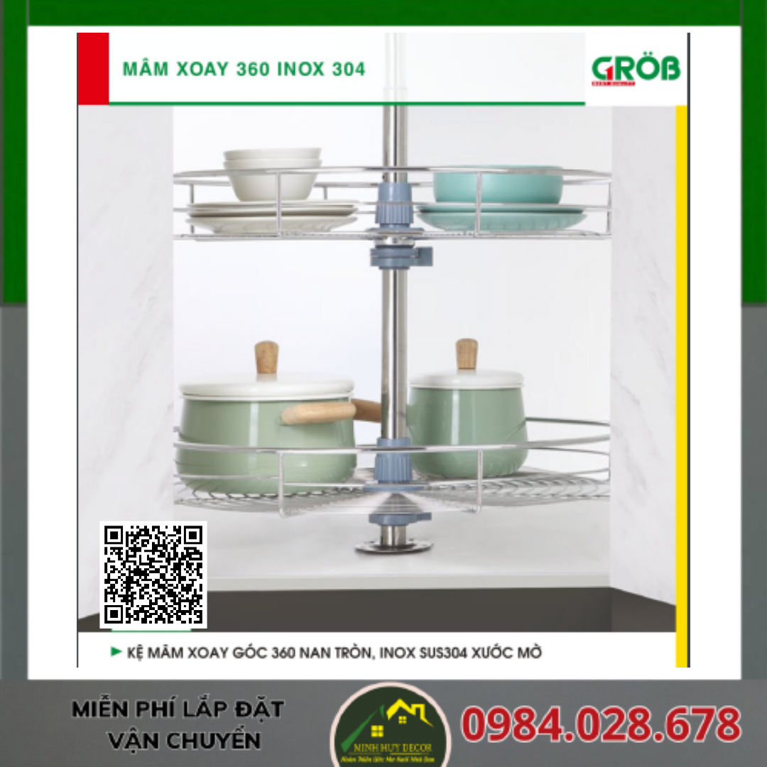 Kệ Mâm Xoay Góc 360 Nan Tròn, Inox SUS304 Xước Mờ