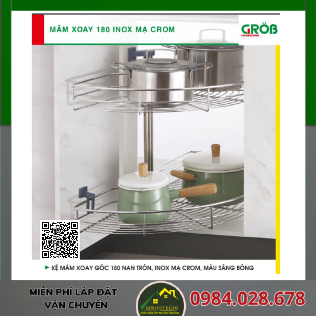 Kệ Mâm Xoay Góc 180 Nan Tròn, Inox Mạ Crom, Inox Bóng