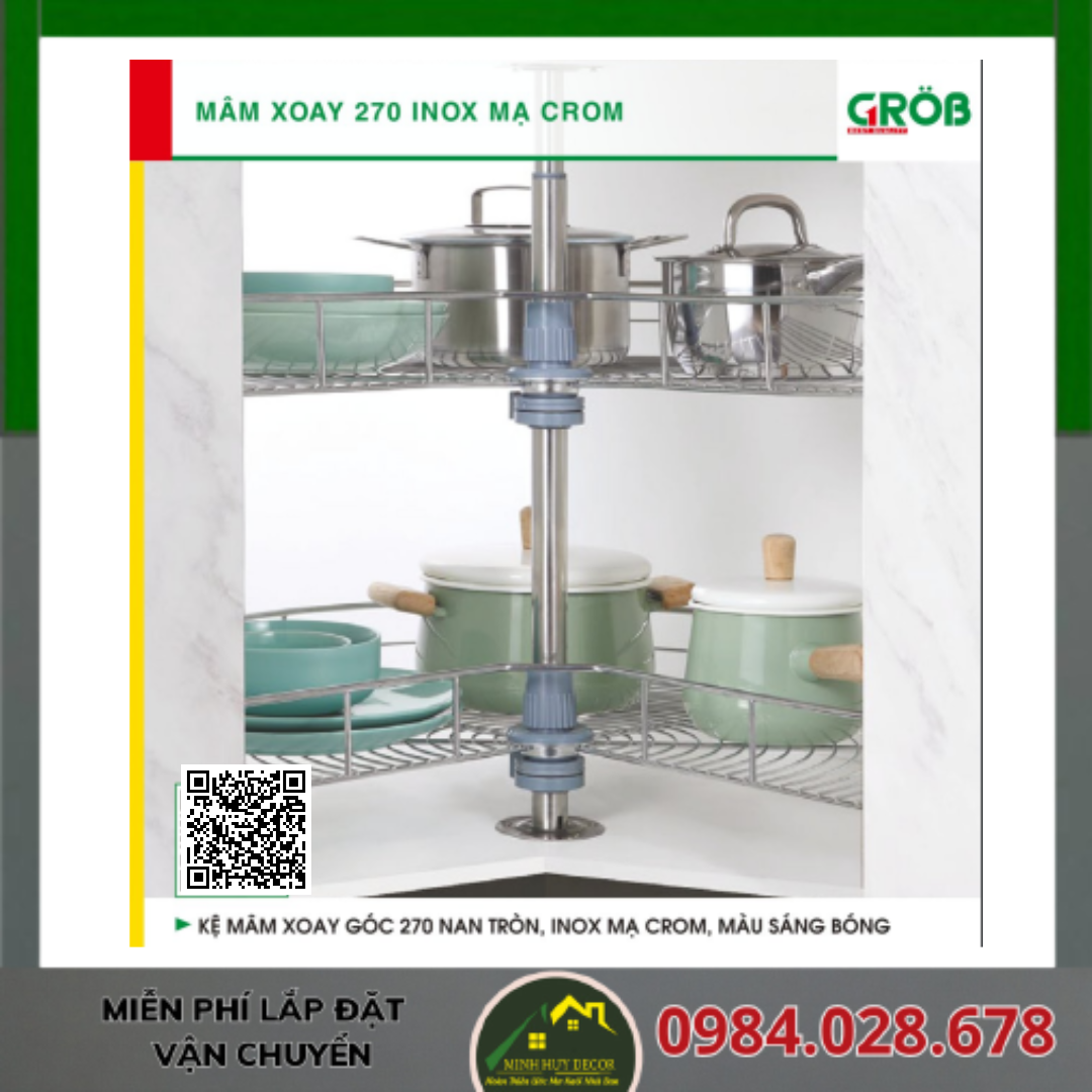 Kệ Mâm Xoay Góc 270 Nan Tròn, Inox Mạ Crom, Inox Bóng