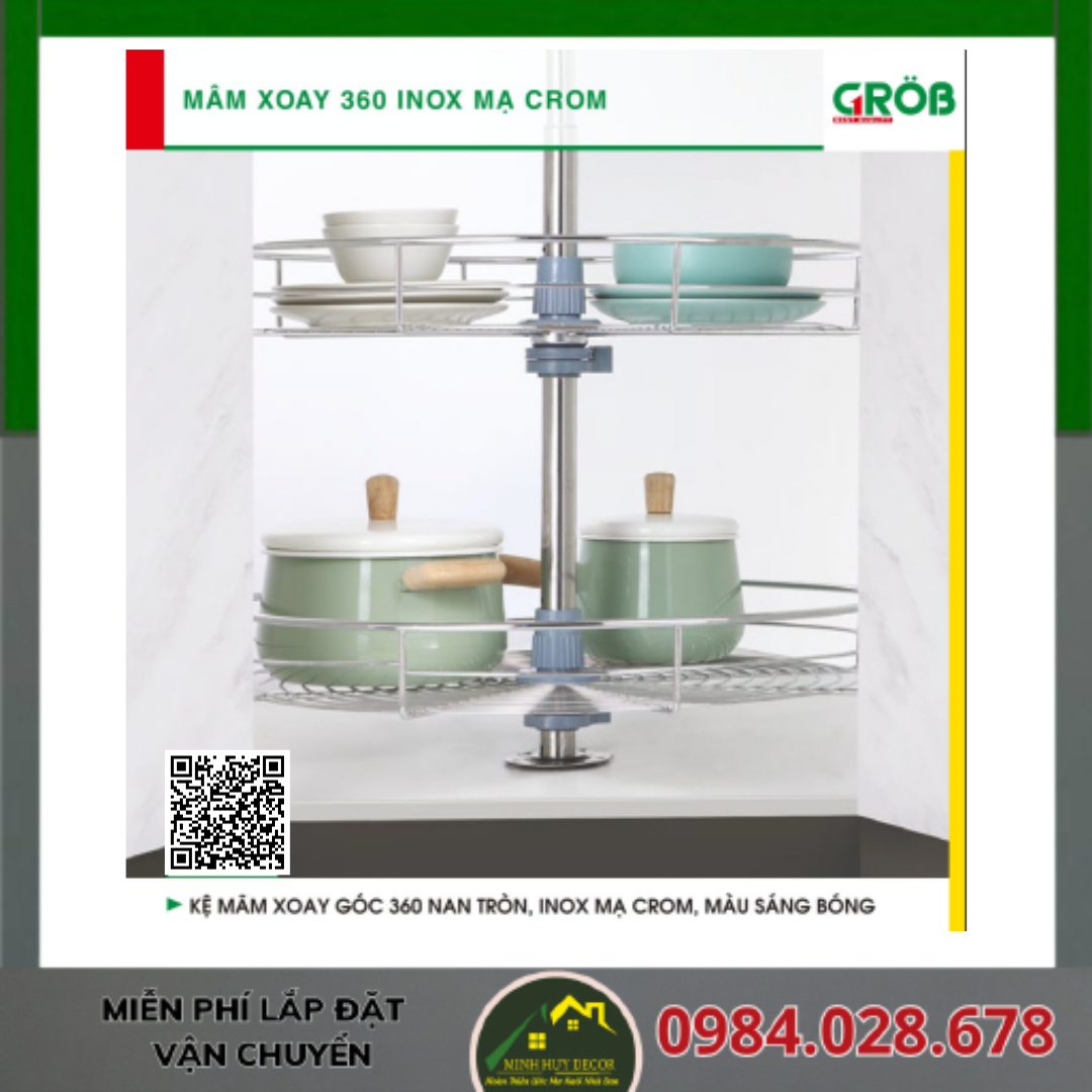 Kệ Mâm Xoay Góc 360 Nan Tròn, Inox Mạ Crom, Inox Bóng